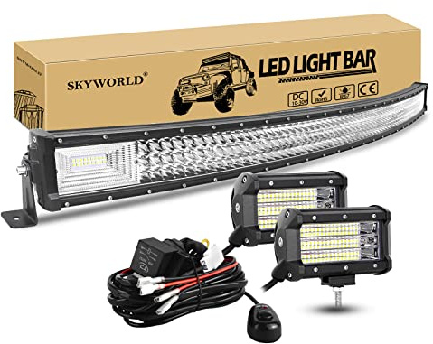 SKYWORLD 132cm 675W Gebogen LED Arbeitsscheinwerfer Bar Led Lichtleiste, 2 x 13cm 135W Auto Flutlicht Zusatzscheinwerfer Offroad Beleuchtung mit 12V kabelbaum kit für Auto LKW KFZ Traktor 4x4 | 130 cm 675W Zusazuscheinwefer Bar, 2 x 13 cm 135W Led Scheinwerfer mit 12V kabelbaum für Auto Offroad Traktor SUV LKW KFZ 4x4