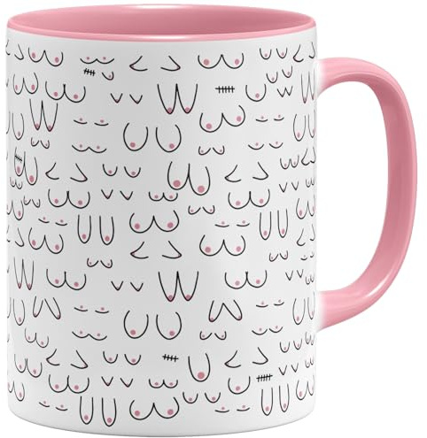OM3® witzige Boobies Doodle Kaffeetasse mit Brüsten - Titten Tasse Brüste-Muster II - Keramik Becher - 11oz 325ml - Rundumdruck - Rosa