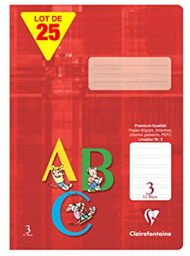 Clairefontaine 331603C - Packung mit 25 Heften, ideal für die Schule, DIN A4, Lineatur 3 liniert für 3. Schuljahr, 32 Blatt, 90g, Rot, 1 Pack