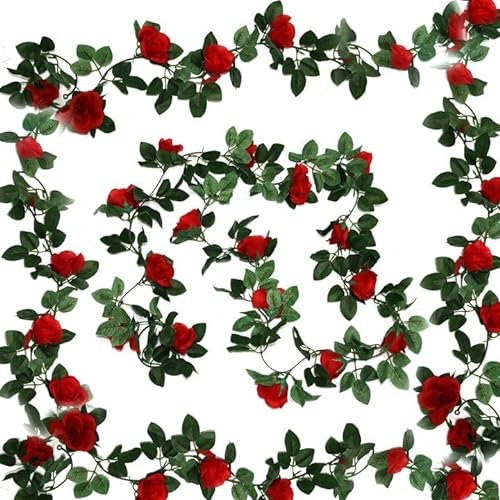 Aimeke 2 STK Rosengirlande Rot Blumengirlande Künstliche Blumen Hängende Pflanze Rosen Girlanden für Blumenwand Deko Hochzeit Garten ZäUne Party (Rot)