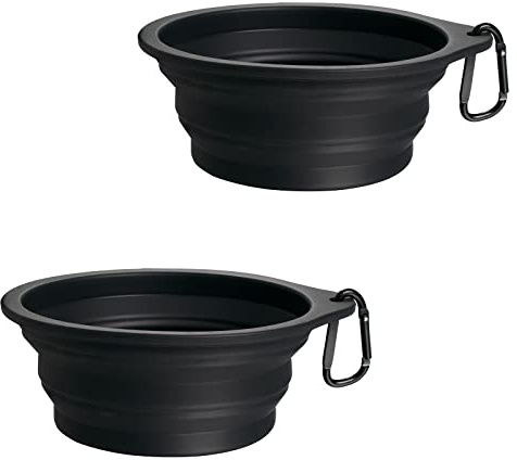 PetBonus 2-pack silikonhopfällbara hundskålar, BPA-fria, maskindiskbara, portabla hopfällbara resekoppar, mat- och vattenskålar för hundar och katter med 2 karbinhakar (svart, svart)