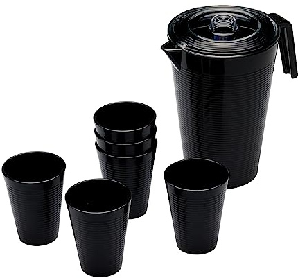 OMADA Set Caraffa da 2,1L con Coperchio e 6 Bicchieri Acqua da 275ml | Set per Servire con Caraffa e Bicchieri Impilabili 8x H10 cm, Ideale per Uso Esterno, Piscine o Feste
