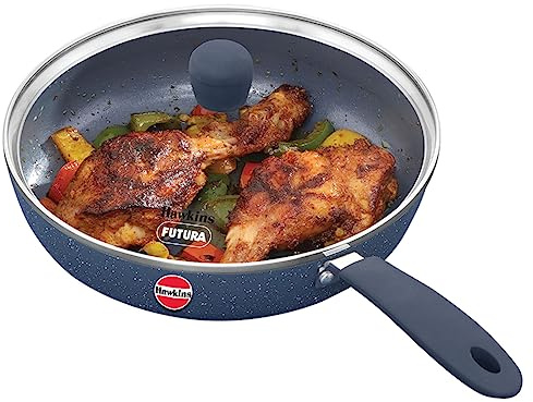 Hawkins Ceramic Nonstick Frying Pan, 24 cm Diameter, Induction Fry Pan with Glass Lid, Granite Omlette Egg Pan, Fish Pan, Blue (ICF23G)