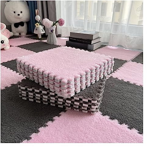 12-teilige Puzzle-Spielmatte, Flauschige Plüsch-Teppichfliesen, Quadratisches Schaumstoff-Teppich-Set, Schaumstoff-Bodenfliesen Für Spielzimmer, Schlafzimmer, 30 X 30 cm(Color:Rosa+Grau)