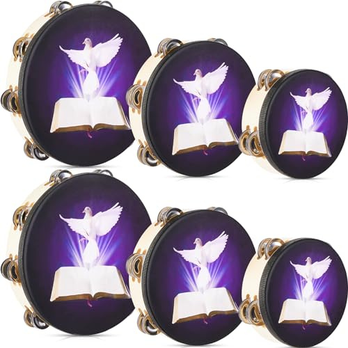 Boao 6 Pack tambourines 6'' 8'' 10'' Dove Bible Tambourine for Adults with Double Row Jingle Hand Held Percussion Drum Music Church Percussion Musical Instrument Handbell Clap Drum(Black)