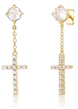 JINAO Cross Hoop Dangle Earrings 14K Gold Plated 5A+ Cubic Zirconia Cartilage Hypoallergenic Sterling Silver Cross Dangle Drop Earrings For Men Women-Stud Chain Gold