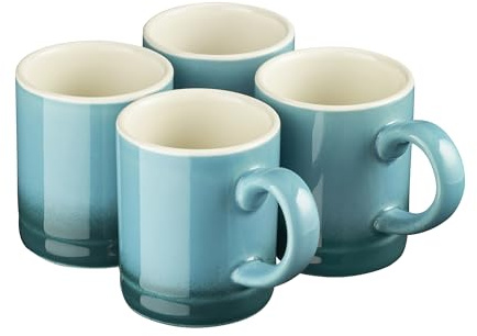 Cooks Professional 4 Piece Espresso Coffee Cup Set | Dishwasher & Microwave Safe Durable Stoneware Stylish Colourful Graduated Design Mini Drinking Mugs | 100ml Capacity | Teal