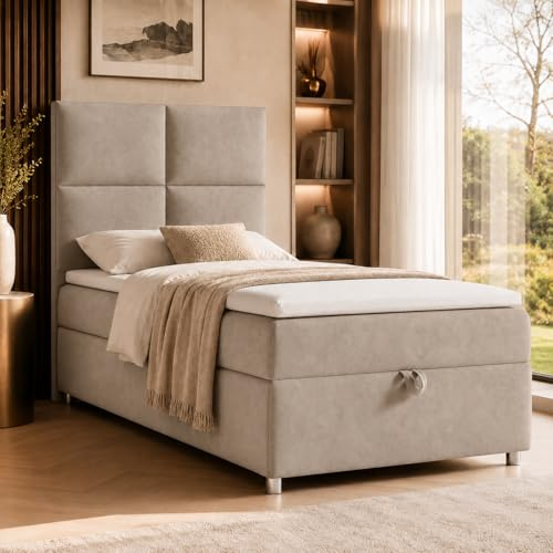 Best For Home Trinity K2 Boxspringbett Single 90x200 mit Matratze, Topper und Bettkasten | Einzelbett | Polsterbett mit Bonellfederkern - Lieferung an die Bordsteinkante