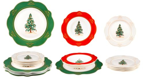 Nataland Servizio Piatti Natalizio Tondo Da 18 Pezzi In Porcellana Bone China Finemente Dipinta, Ideale Per Decorare Con Eleganza E Originalità La Tua Tavola