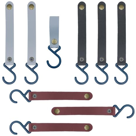 ONEBO 9 Stück Leder-S-Haken,S Haken Mit Lederschlaufe,Lederriemen mit Haken,zum Aufhängen, Campinghaken, Lenker-Haken für Mantel, Handtuch, Küche, Badezimmer(3 Farben)