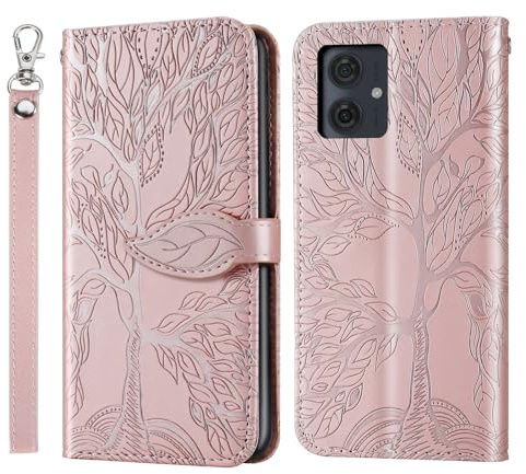 Rostsant Funda para Motorola Moto G54 5G Árbol en Relieve Carcasa de Cuero PU Motorola Moto G54 5G Cartera Magnético Funda Teléfono Billetera para Motorola Moto G54 Oro Rosa