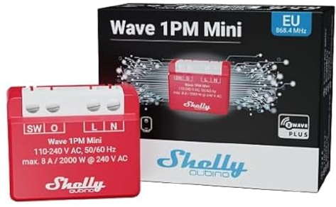 Shelly Wave 1PM Mini - Micromodule relais interrupteur Z-Wave, 1 Canal 8A 240 V AC, Éclairage connecté, Ouvre-porte de garage connecté, Commande à distance, Paserelle Z-Wave requise