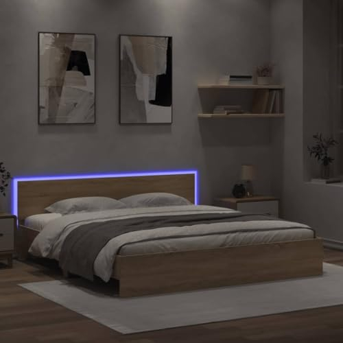 ShGaxin Bettgestell mit Kopfteil und LED-Beleuchtung Sonoma-Eiche, Bett, Bed Frame, Familienbett, Bettrahmen, Bett Gestell, Bett Rahmengestell, Schlafzimmer Bett - 3207590