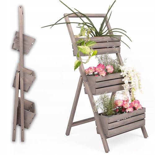 ECODECO Hochbeete für Garten Pflanzenregal aus Holz | Kaskadierendes Blumentreppe für Outdoor Indoor Balkon Terrasse | Vertikales Hochbeet mit 3 Etagen | Grau