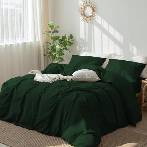 DXHOME, biancheria da letto verde, 135 x 200 cm, 4 pezzi, in cotone, verde scuro, tinta unita, biancheria da letto morbida e accogliente, biancheria da letto in cotone morbida, con cerniera e 2 federe