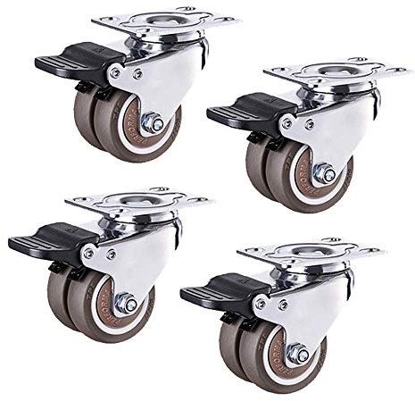 Lenkrollen, drehbare Lenkrolle für Möbel, 40 mm/50 mm, Hochleistungs-Lenkrolle für Rollwagen mit Bremse, maximale Tragkraft 400 kg, Gummi-Doppelradrolle, Montageplatte (4 mit Bremse, 2 Zoll/50 mm)