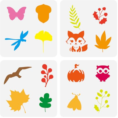 FINGERINSPIRE 4 Stück Malschablonen Für Herbstabdrücke 15x15cm Kunststoff Libellen Eichel Ginkgo Biloba Vorlagen Fuchs Ahornblatt Kürbis Schablonen Eulen Pflanzen Vögel Silhouetten Vorlagen Für DIY