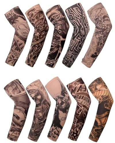 BPTRKOM 10 Stück Tattoo Ärmel Set - Gefälschte Sonnencreme Armlinge Tattoo Ärmel Tattoo Armstrumpf für Karneval Fasching Party(10 Stile)