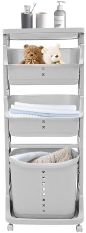 4 Fächer Wäschekorb mit Rollen, Aufbewahrungswagen Wäschesammler Laundry Baskets Grau für Badezimmer Schlafzimmer Kinderzimmer 43 * 29 * 115.5cm