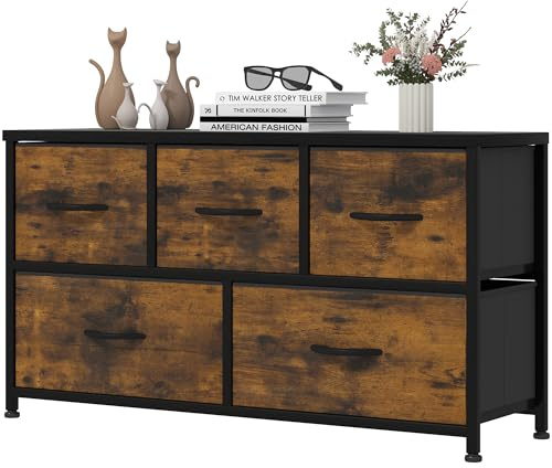 YITAHOME Kommode,Kommode mit 5 Schubladen,Schrank,Stoffschubladen mit Griffen,Metallgestell,Dauerhaft,Rustikal Braun