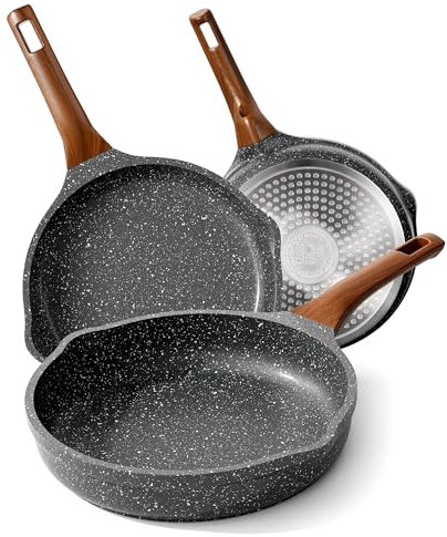 RIOVARM Induction Set de poêles à frire Antiadhésif Set de poêles 20 cm 24 cm 28 cm Granit Poêle à omelette sans PFOA Marbre Batterie de cuisine avec poignée résistante à la chaleur