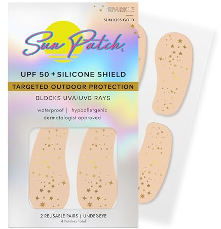 Sun Patch Under-Eye UV Protection Patches – Sparkle Sun Kiss Gold – Reusable UPF 50+ Silicone Patches for Sun Protection & Style – 2 Pairs (4 Total) – Waterproof, Hypoallergenic