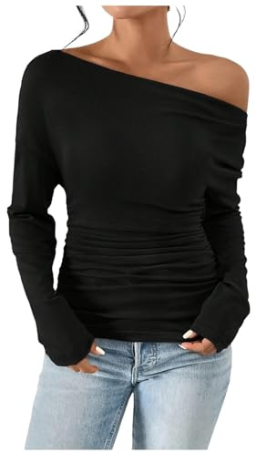 Top de verano con hombros descubiertos, manga larga, asimétrico, corte ajustado, blusa de otoño, fruncida, camisas ajustadas, blusa con cuello, Negro , M