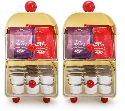 WRINGKIT 2 Pack Small Tea Bag Organizer, Plastic Tea Packets with 2 Drawers | Cute Tea Bag Caddy Containers for Counter Cabinet Home Kitchen, Teabag Storage for Tea Packets, K Cup