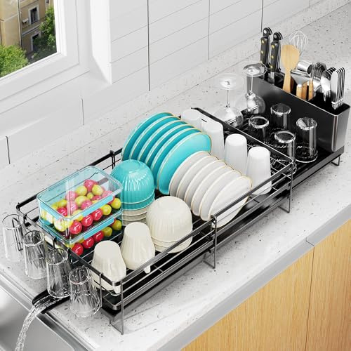 Pantasia Large Dish Drying Rack, Expandable Dish Rack for Kitchen Counter, Dish Drainer with Drainboard Set, Multifunctional Dishrack with Utensil & Cup Holder, 13.4-28.7 L x 11.8 W x 7.8 H, Black