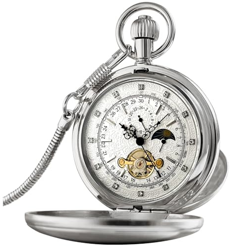 VIGOROSO Mechanical Pocket Watches for Men with Chain Tourbillon Vintage Men's Pocket Watch for Women Wind Up Silver Pocketwatch Arabic Wedding Christmas Birthday Gifts for Men Women