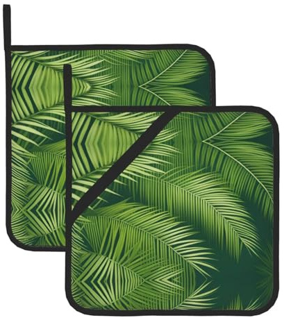 HYTTER Set di 2 presine isolate quadrate con foglie verdi di palma, 20,3 x 20,3 cm, anti-scottatura e termoisolanti, impermeabili