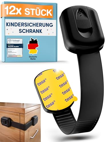 MUTKIND 12 Stück Kindersicherung Schrank - (Mit Kleber von TESA) Schranksicherung Baby - Längenverstellbar - Schubladensicherung für Schränke, Kühlschrank, Tür - Kindersicherung Schubladen Schwarz