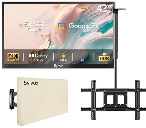 SYLVOX 43 TV da Esterno con Copertura & Supporto per Televisore da Soffitto - 4K HDR10 1000Nits, Smart Google Outdoor TV IP55 Impermeabile, DVB-T2/S2, per Piscina, Giardini, Terrazza (Deck Pro 2.0)