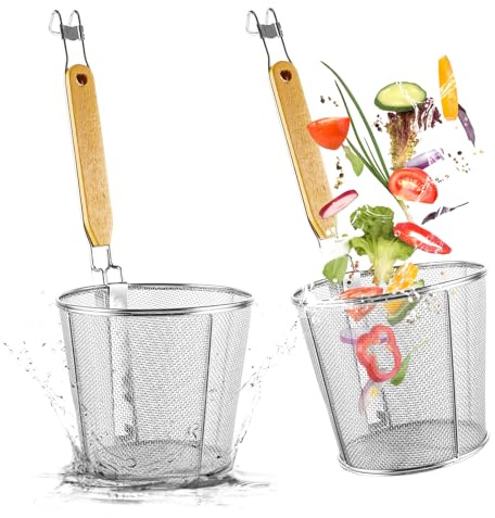 APACALI 2 Stück Nudelkorb Edelstahl, 14 cm Nudelsieb aus mikroperforiertem mit Holzgriff, Pasta-Korb, Gitter Nudelkorb, Nudelsieb, Küche, feines Sieb, für Zuhause