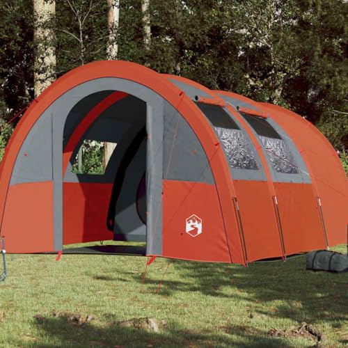 Tunnelzelt 4 Personen Grau und Orange, Wasserdichtes Campingzelt mit 2 Schlafkabinen, Leichtes Outdoor Zelt für Abenteuer