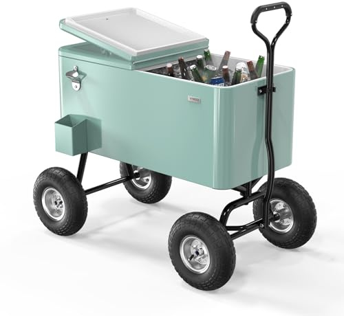 Bonnlo 76L Servierwagen mit Rollen, Getränkekühler – Mobiler Kühlwagen mit Flaschenöffner, Ablauf & Geländerädern, Kühlbox, Ideal für Garten, Terrasse, Camping & Strand, 92,5 x 52,5 x 90cm, Mintgrün