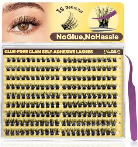 LASHVIEW 198+Pcs Self Adhesive Eyelashes, Press On Lashes Pre Glued Eyelash Extension Kit with Lash Tweezer,10-16mm No Glue No Remover Needed Self Adhesive Lashes Clusters A14