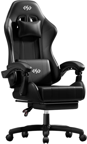 HLONONE Gaming Stuhl, Ergonomisch Gamer Stuhl mit Kopfstütze & Lendenkissen, Verstellbarer Gaming Chair mit Fußstütze & Linkage-Armlehnen, Gepolstert PC Stuhl Computerstuhl, Schwarz