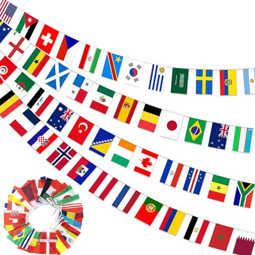 Décorations de la Coupe du Monde 2026 - Fanions de 48 drapeaux de pays - Bannière imprimée double face pour chambre, jardin, bar, fête de rue, coupe du monde de football, événements sportifs
