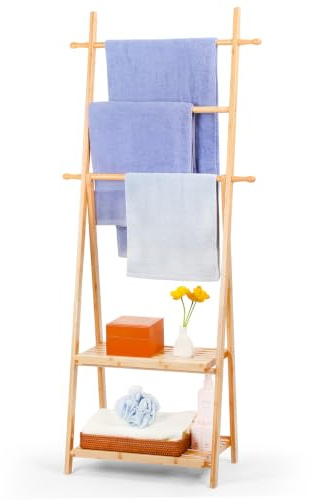 Handtuchständer Bambus Freistehend mit 3 Stangen & 2 Ablagen – Badetuchhalter Holz, Duschtuchhalter für Badezimmer, Handtuchhalter Standfuß rutschfest, Naturfarbe