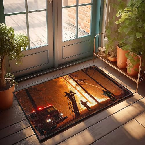 FZFN Teppich, kleiner Eingang, Feuerwehrleute, bekämpfen intensives Wildfeuer inmitten verkohlter Wälder, saugfähiger Badteppich, perfekt für Billard, Zuhause, Büro, Kinderzimmer (50 x 80 cm)