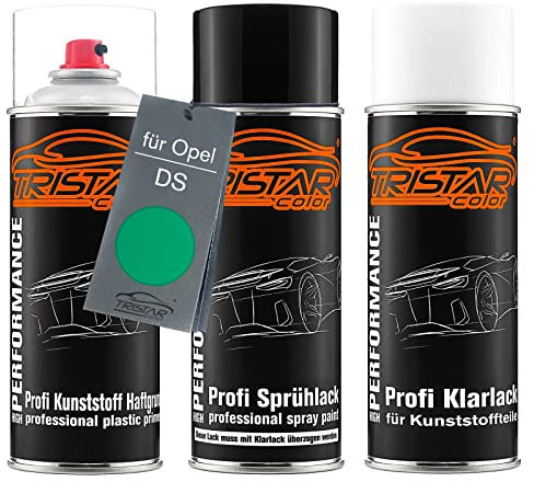 TRISTARcolor Peinture voiture Kit bombes de peinture pour pare-chocs en plastique pour Opel DS Verkehrsgrün primaire d'adhérence peinture de base vernis clair avec plastifiant aérosol