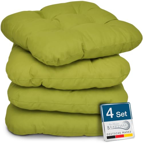 Beautissu 4er Set Sitzkissen Indoor & Outdoor mit Schaumstoff Füllung | 40x40cm Hellgrün weiche robuste widerstandsfähige Sitzpolster 8cm für Außenbereich Kissen Stuhlkissen Garten Lisa