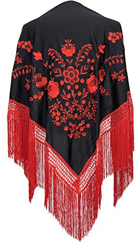 La Señorita Foulard cintura chale manton de manila Flamenco di danza nero rosso frangia rosso