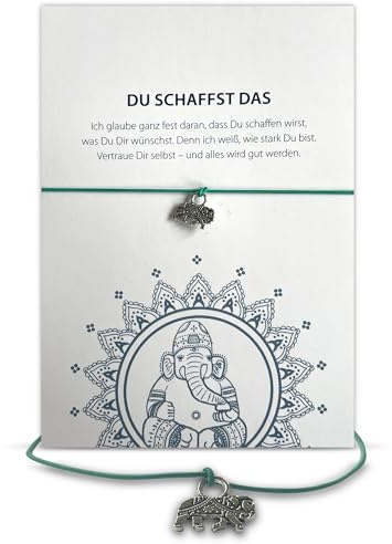 Glücksschmiedin - Mutmacher Geschenk, Motivations Postkarte mit Kraft Armband und Elefant Anhänger handgefertigt