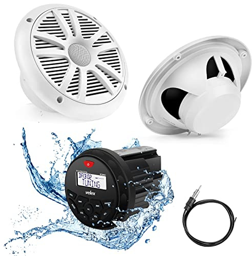 velex Paquete de altavoces estéreo con sistema de audio marino, Bluetooth, MP3 USB AM FM estéreo marino – 2 altavoces blancos de 6.5 pulgadas, antena