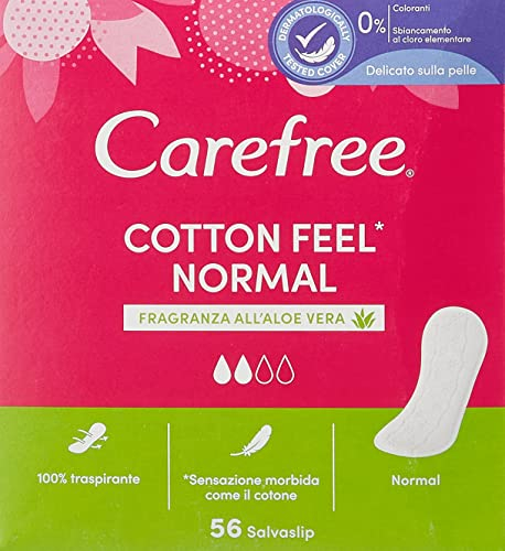 Carefree Salvaslip Cotton Feel Normal Fragranza all'Aloe Vera, Salva slip donna 100% traspiranti per tutti i tipi di slip, Morbidi proteggi slip che si adattano ai movimenti del corpo, 56 salvaslip