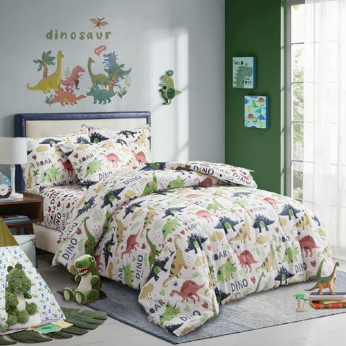 Joyreap 6 Piece Twin Size Bed in a Bag, Colorful Dinosaur on White Design, Microfiber Comforter Set for Kids Boys n Girls (1 Comforter, 2 Pillow Shams, 1 Flat Sheet, 1 Fitted Sheet,1 Pillowcase)
