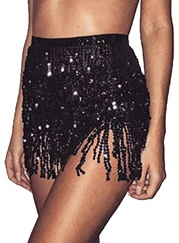 Bufenia Damen Bauchtanz Hüftrock Quaste Pailletten Hüftschal Riemchen Wrap Rave Röcke Halloween Kostüm Club Festival (Schwarz)