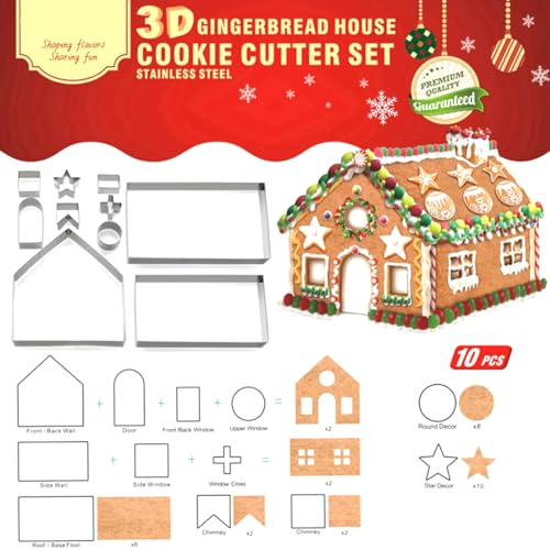 3D Casa Galleta De Jengibre, Casa de Pan de Jengibre Navideña, Cortadores Galletas casa de Pan de Jengibre, Acero Inoxidable Molde para Galletas Navideñas, Para decoración de pasteles 10 Piezas